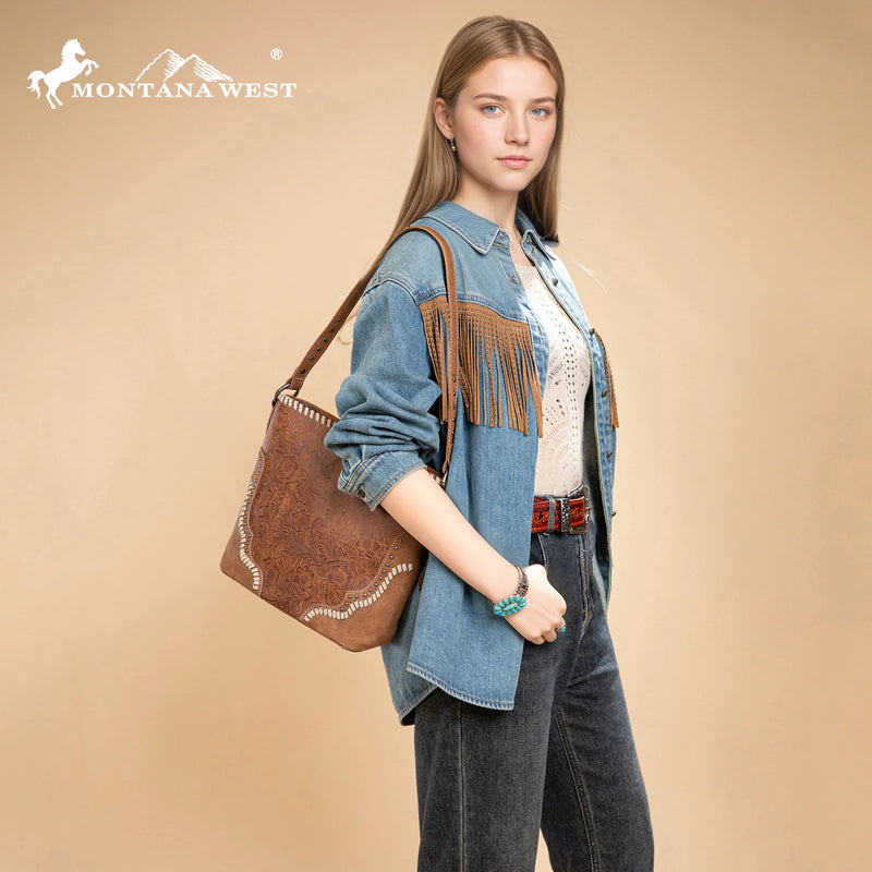 Load image into Gallery viewer, MW1335G-918BR - Montana West Embossed Collection Hobo Shoulder Bag - Brown
