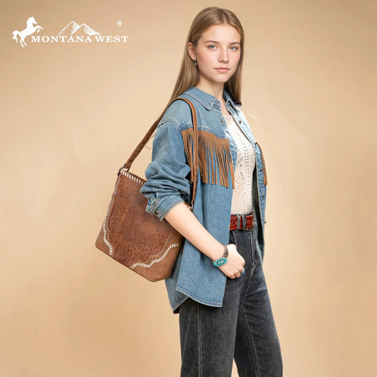 MW1335G-918BR - Montana West Embossed Collection Hobo Shoulder Bag - Brown