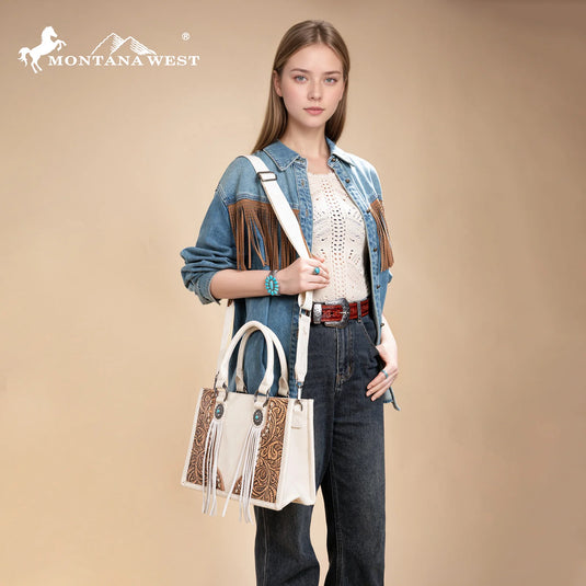 MW1339-2002BG- Montana West Tooled Concho Concealed Carry Tote/Crossbody -Beige
