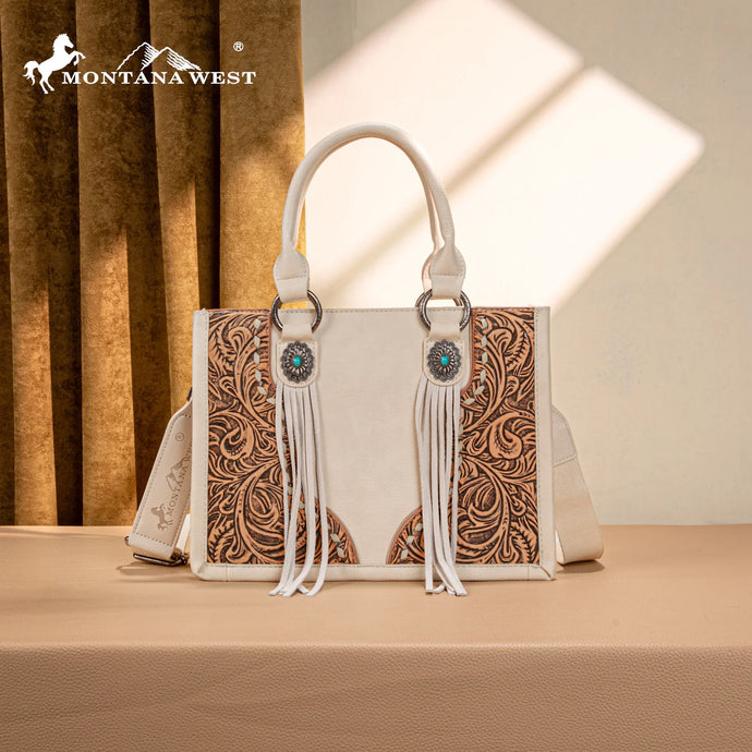 MW1339-2002BG- Montana West Tooled Concho Concealed Carry Tote/Crossbody -Beige