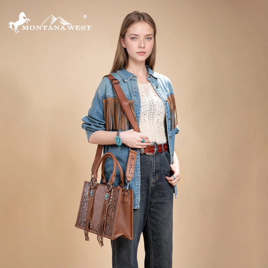 MW1339-2002BR- Montana West Tooled Concho Concealed Carry Tote/Crossbody -Brown