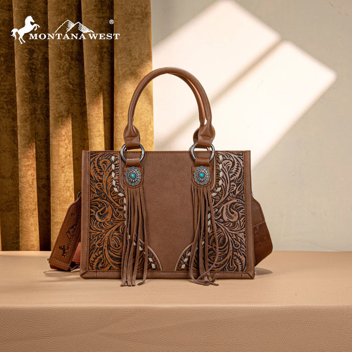 MW1339-2002BR- Montana West Tooled Concho Concealed Carry Tote/Crossbody -Brown