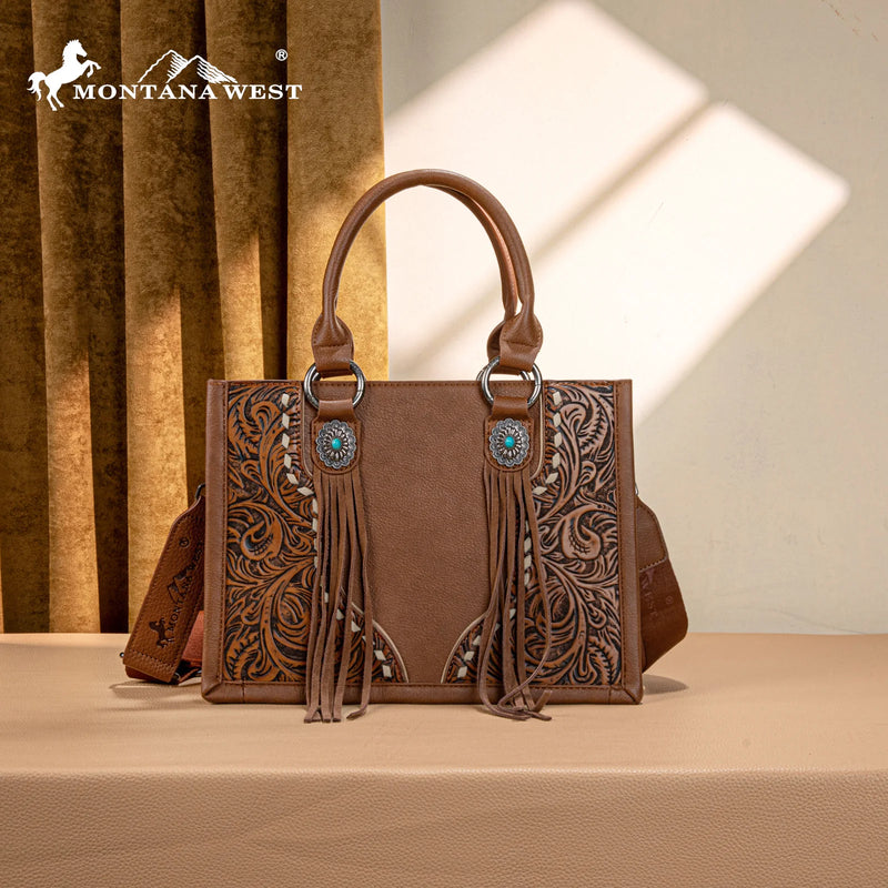 Load image into Gallery viewer, MW1339-2002BR- Montana West Tooled Concho Concealed Carry Tote/Crossbody -Brown

