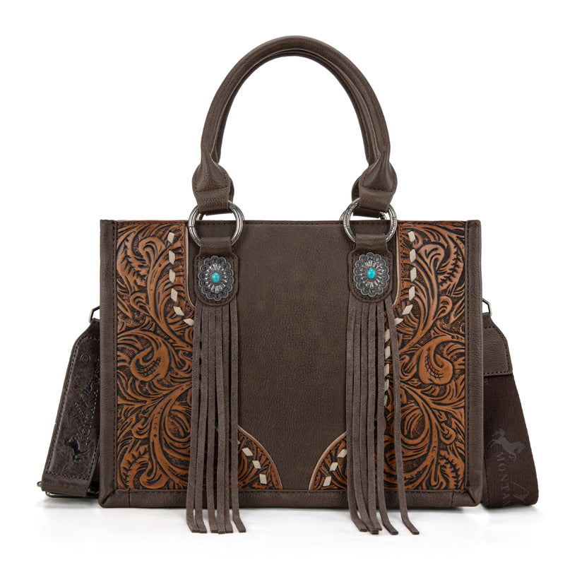 Load image into Gallery viewer, MW1339-2002CF- Montana West Tooled Concho Concealed Carry Tote/Crossbody -Coffee
