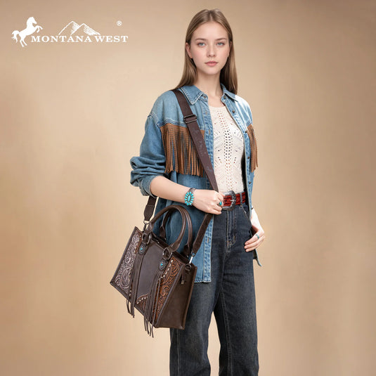 MW1339-2002CF- Montana West Tooled Concho Concealed Carry Tote/Crossbody -Coffee