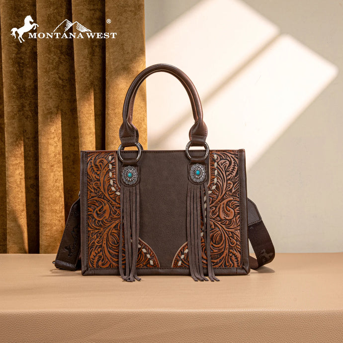 MW1339-2002CF- Montana West Tooled Concho Concealed Carry Tote/Crossbody -Coffee