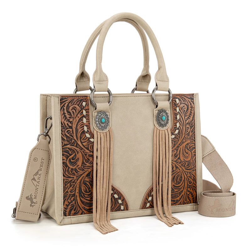 Load image into Gallery viewer, MW1339-2002TN- Montana West Tooled Concho Concealed Carry Tote/Crossbody -Tan
