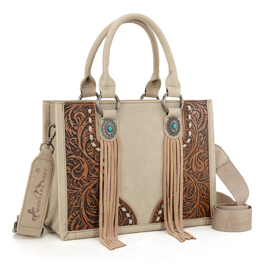 MW1339-2002TN- Montana West Tooled Concho Concealed Carry Tote/Crossbody -Tan