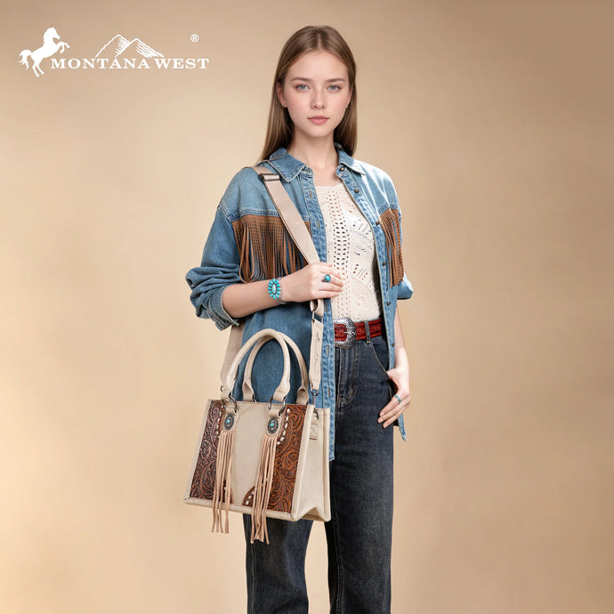MW1339-2002TN- Montana West Tooled Concho Concealed Carry Tote/Crossbody -Tan