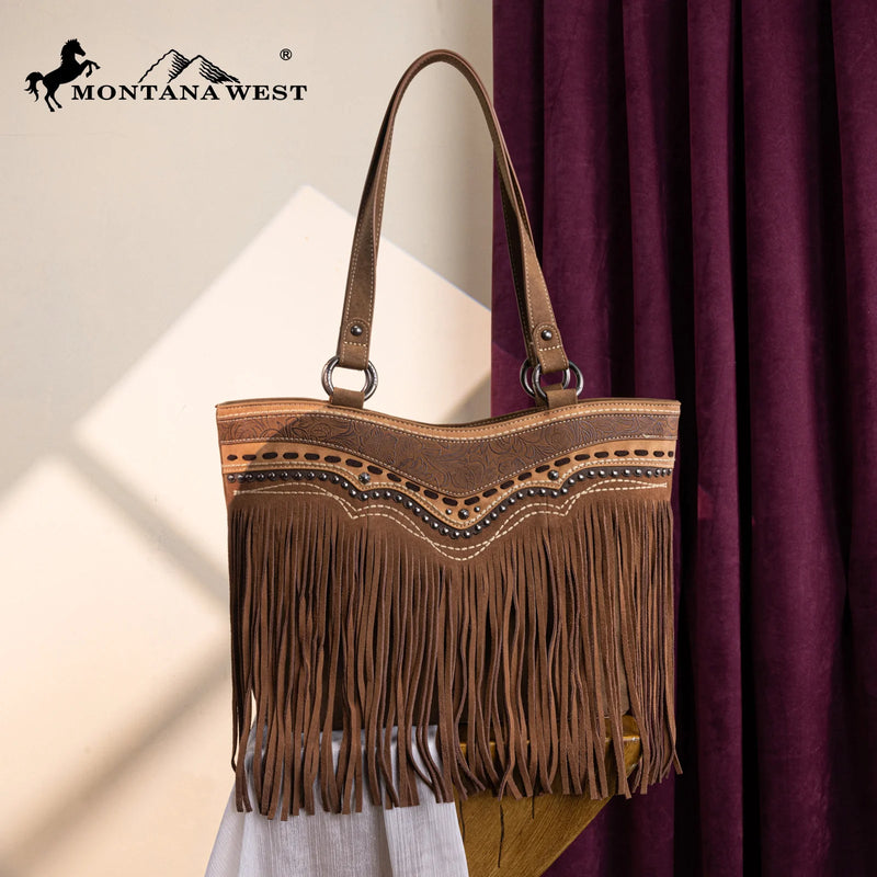 Load image into Gallery viewer, MW1340G-8317BR - Montana West Fringe Collection Concealed Carry Tote - Brown

