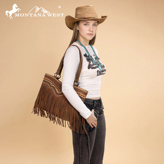 MW1340G-8317BR - Montana West Fringe Collection Concealed Carry Tote - Brown