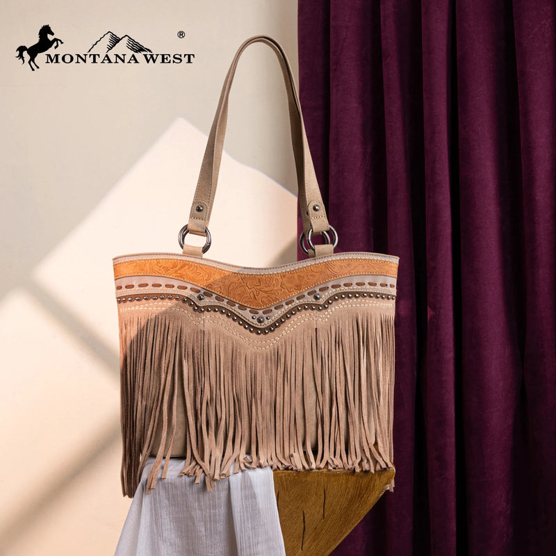 Load image into Gallery viewer, MW1340G-8317TN - Montana West Fringe Collection Concealed Carry Tote - Tan
