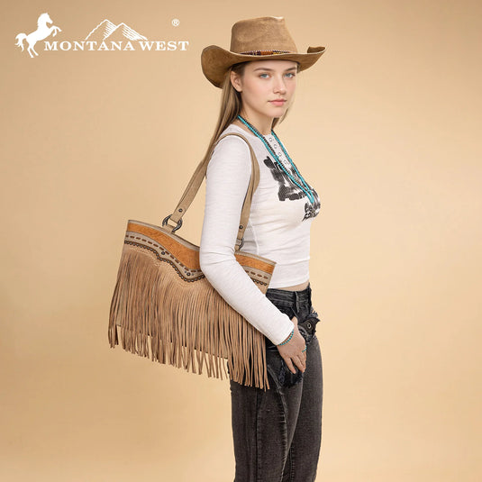MW1340G-8317TN - Montana West Fringe Collection Concealed Carry Tote - Tan