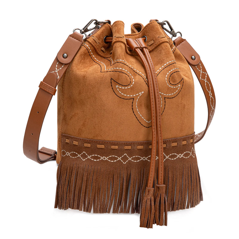Load image into Gallery viewer, MW1341-8311BR - Montana West Boot Stitch Fringe Drawstring Crossbody Bag - Brown

