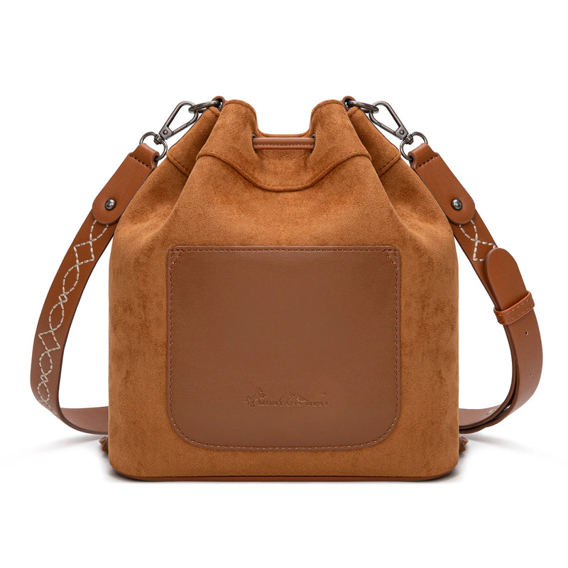 Load image into Gallery viewer, MW1341-8311BR - Montana West Boot Stitch Fringe Drawstring Crossbody Bag - Brown

