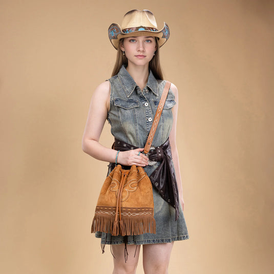 MW1341-8311BR - Montana West Boot Stitch Fringe Drawstring Crossbody Bag - Brown