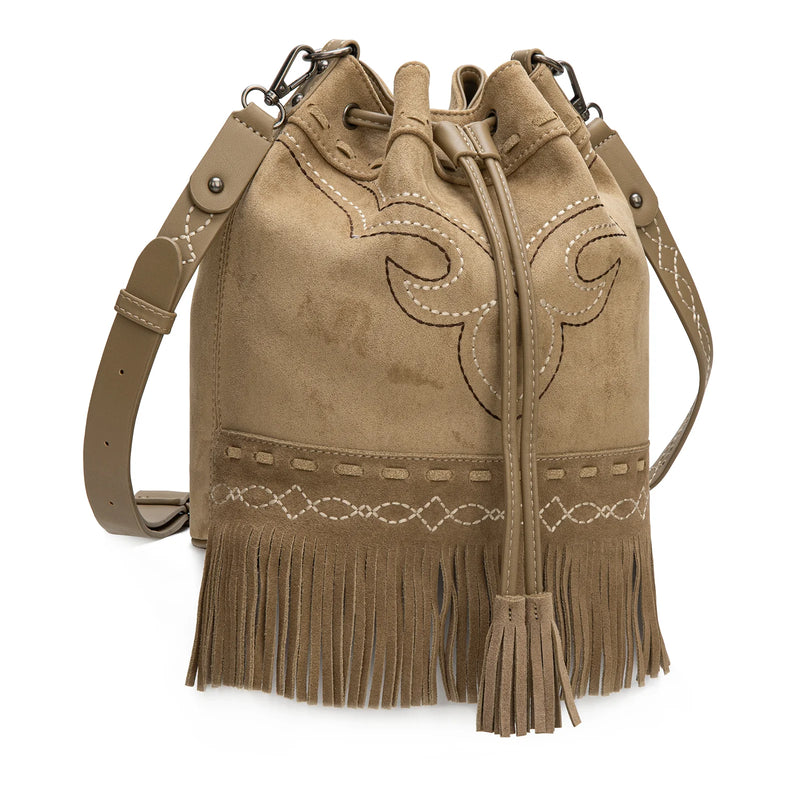 Load image into Gallery viewer, MW1341-8311KH - Montana West Boot Stitch Fringe Drawstring Crossbody Bag - Khaki
