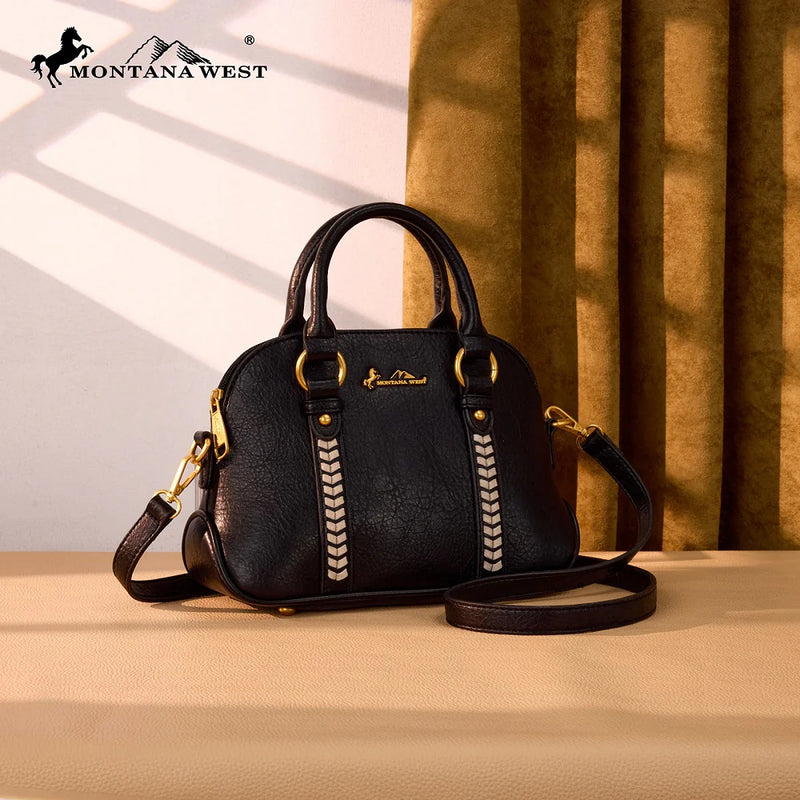 Load image into Gallery viewer, MW1341-8360BK - Montana West Whipstitch Dome Satchel Bag - Black
