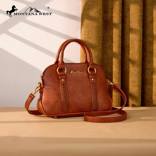 MW1341-8360BR - Montana West Whipstitch Dome Satchel Bag - Brown
