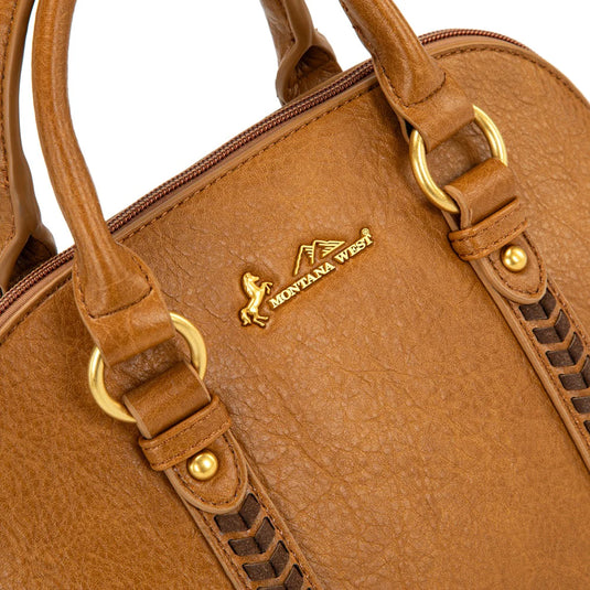 MW1341-8360LBR - Montana West Whipstitch Dome Satchel Bag - Light Brown