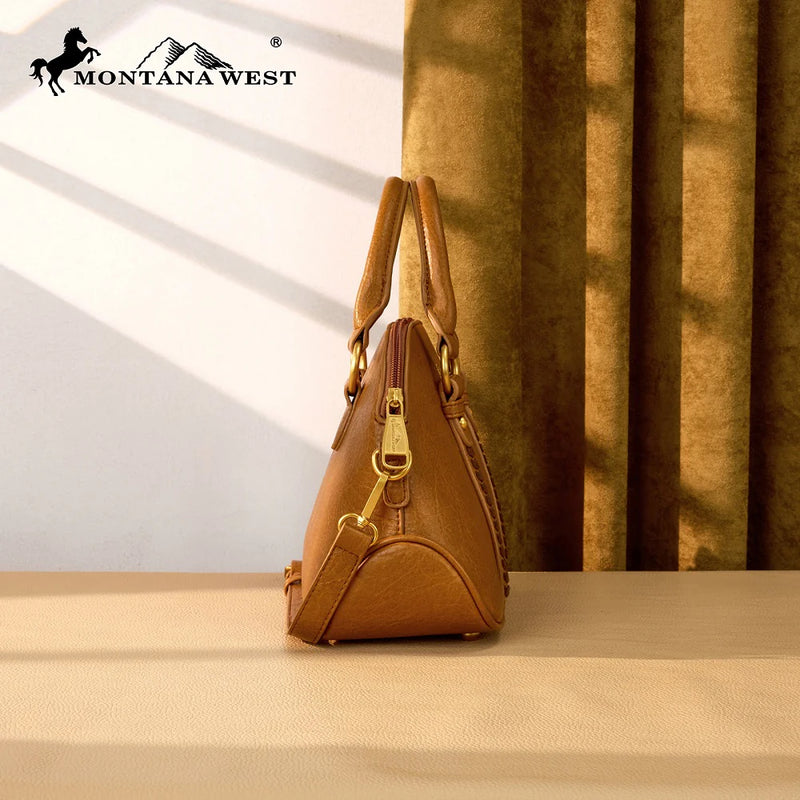 Load image into Gallery viewer, MW1341-8360LBR - Montana West Whipstitch Dome Satchel Bag - Light Brown
