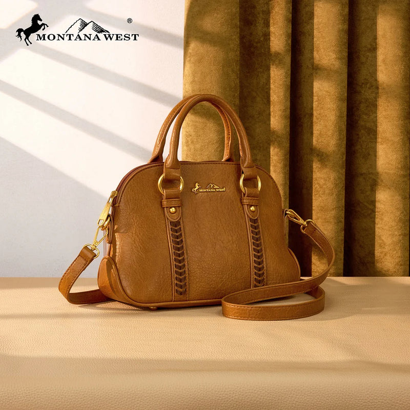 Load image into Gallery viewer, MW1341-8360LBR - Montana West Whipstitch Dome Satchel Bag - Light Brown
