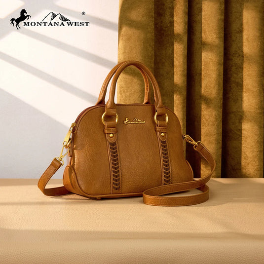MW1341-8360LBR - Montana West Whipstitch Dome Satchel Bag - Light Brown