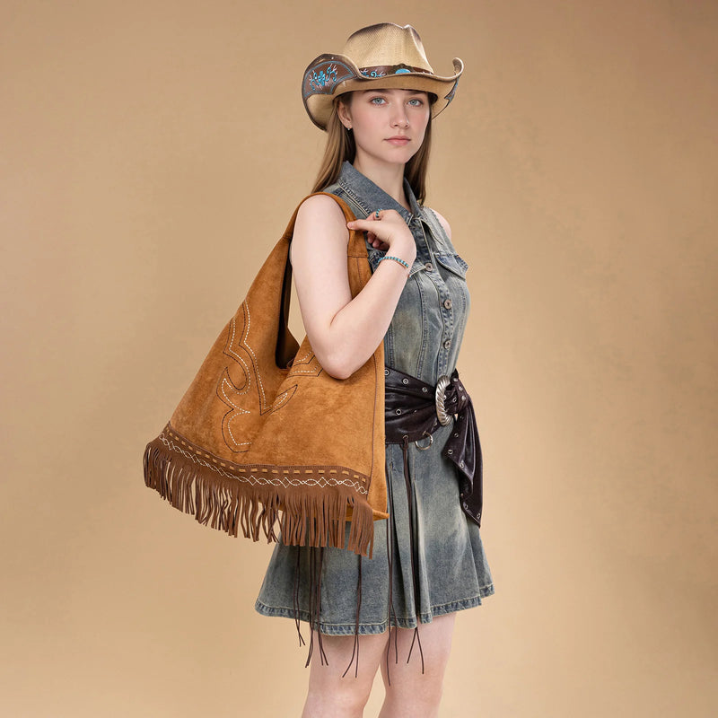 Load image into Gallery viewer, MW1341-9182BR - Montana West Boot Stitch Fringe Large Hobo Bag - Brown

