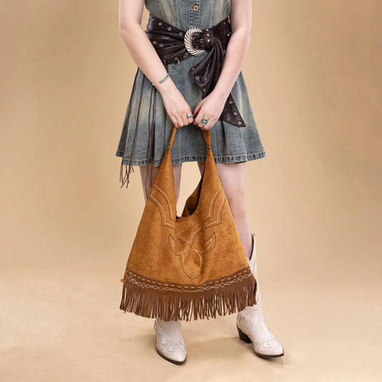 MW1341-9182BR - Montana West Boot Stitch Fringe Large Hobo Bag - Brown