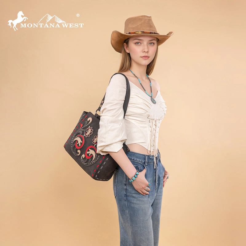 Load image into Gallery viewer, MW1348-8250BK - Montana West Embroidered Tote Bag - Black

