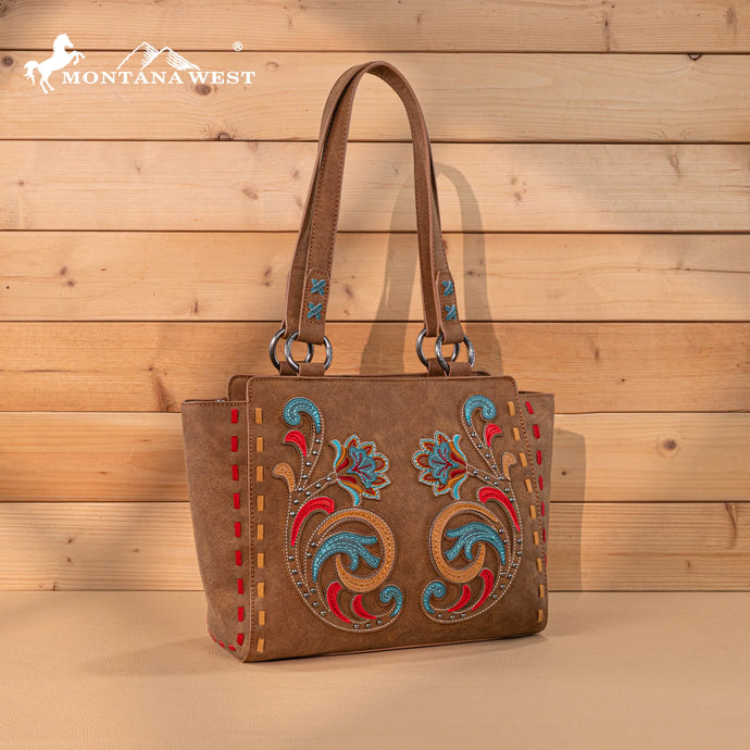 MW1348-8250BR - Montana West Embroidered Tote Bag - Brown