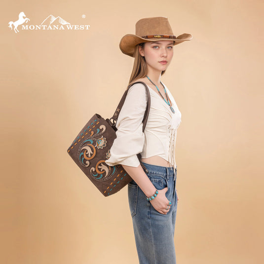 MW1348-8250CF - Montana West Embroidered Tote Bag - Coffee