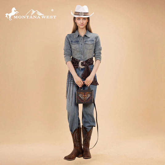 MW1352-8121BK - Montana West Western Embroidered Mini Tote Crossbody - Black