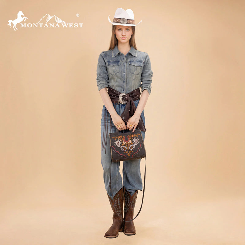Load image into Gallery viewer, MW1352-8122BK - Montana West Western Embroidered Top Handle Tote Crossbody - Black
