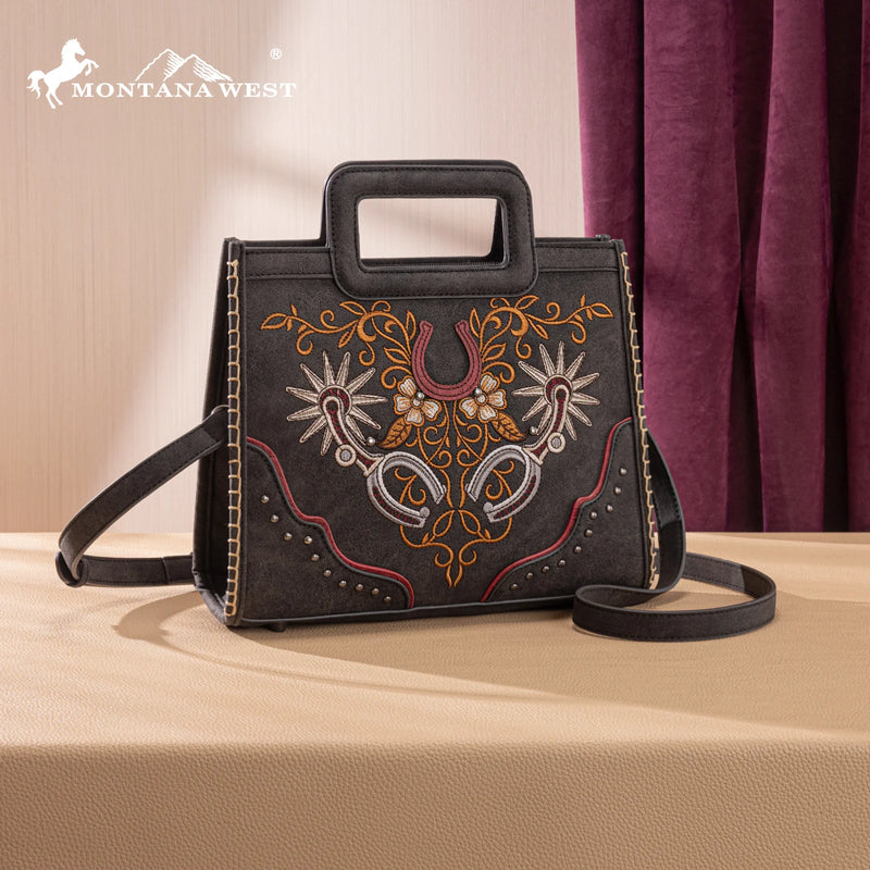 Load image into Gallery viewer, MW1352-8122BK - Montana West Western Embroidered Top Handle Tote Crossbody - Black
