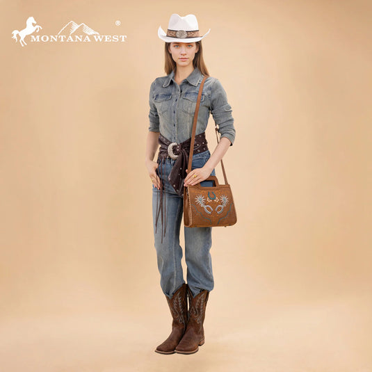 MW1352-8122BR - Montana West Western Embroidered Top Handle Tote Crossbody - Brown