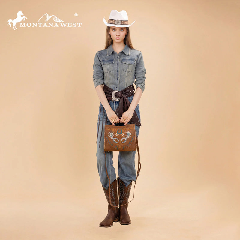 Load image into Gallery viewer, MW1352-8122BR - Montana West Western Embroidered Top Handle Tote Crossbody - Brown
