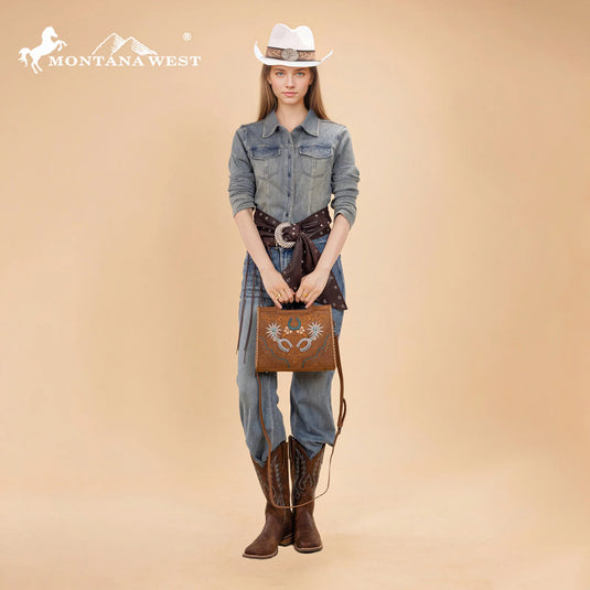 MW1352-8122BR - Montana West Western Embroidered Top Handle Tote Crossbody - Brown