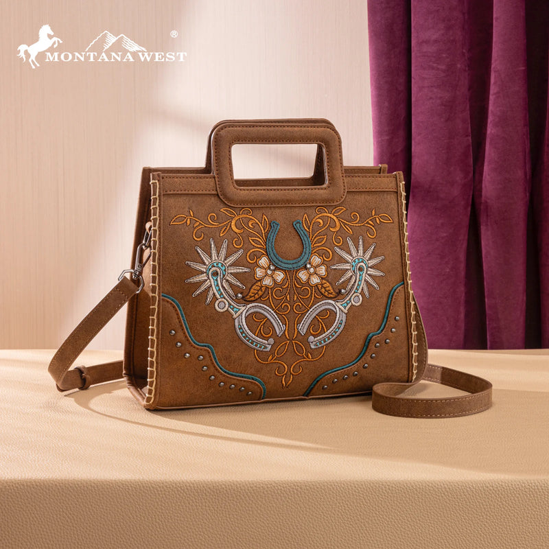 Load image into Gallery viewer, MW1352-8122BR - Montana West Western Embroidered Top Handle Tote Crossbody - Brown
