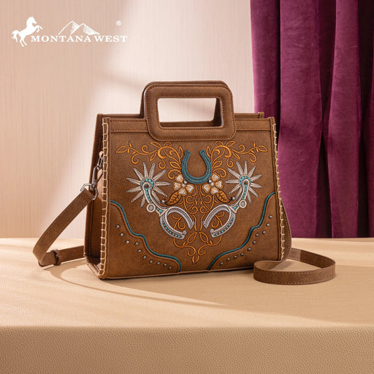 MW1352-8122BR - Montana West Western Embroidered Top Handle Tote Crossbody - Brown
