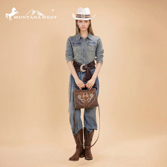 MW1352-8122CF - Montana West Western Embroidered Top Handle Tote Crossbody - Coffee