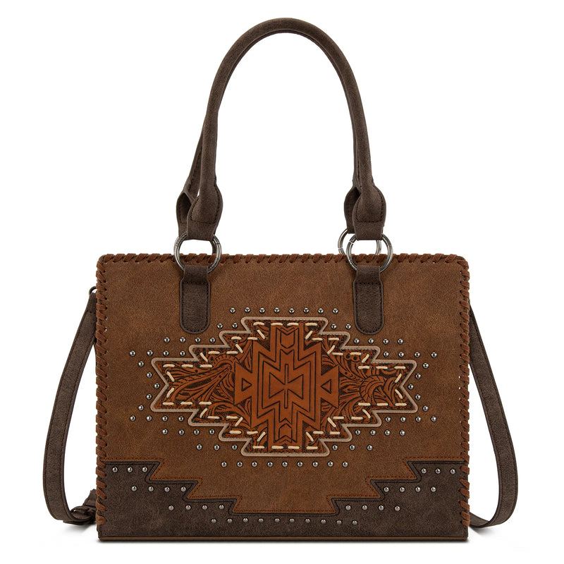 Load image into Gallery viewer, MW1354G-8355BR - Montana West Tooled Aztec Concealed Carry Tote/Crossbody - Brown
