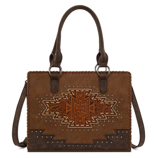 MW1354G-8355BR - Montana West Tooled Aztec Concealed Carry Tote/Crossbody - Brown