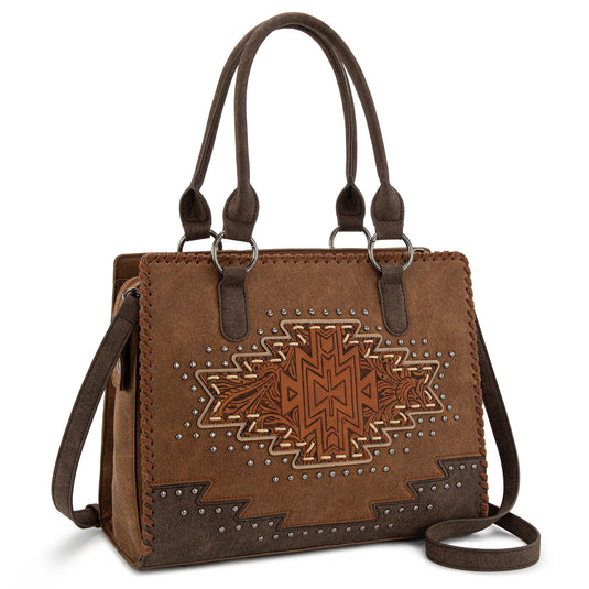 MW1354G-8355BR - Montana West Tooled Aztec Concealed Carry Tote/Crossbody - Brown