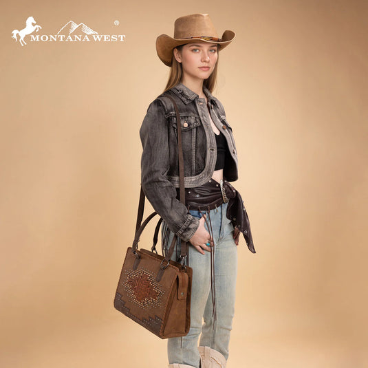 MW1354G-8355BR - Montana West Tooled Aztec Concealed Carry Tote/Crossbody - Brown