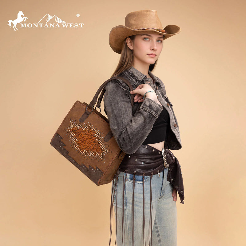 Load image into Gallery viewer, MW1354G-8355BR - Montana West Tooled Aztec Concealed Carry Tote/Crossbody - Brown
