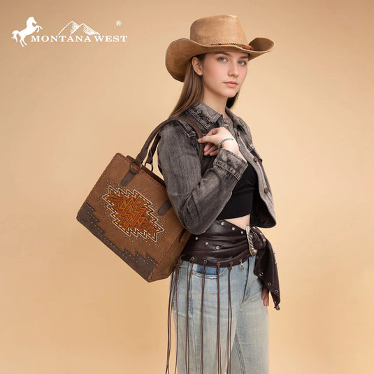 MW1354G-8355BR - Montana West Tooled Aztec Concealed Carry Tote/Crossbody - Brown