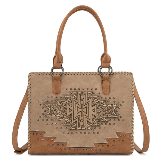 MW1354G-8355TN - Montana West Tooled Aztec Concealed Carry Tote/Crossbody - Tan