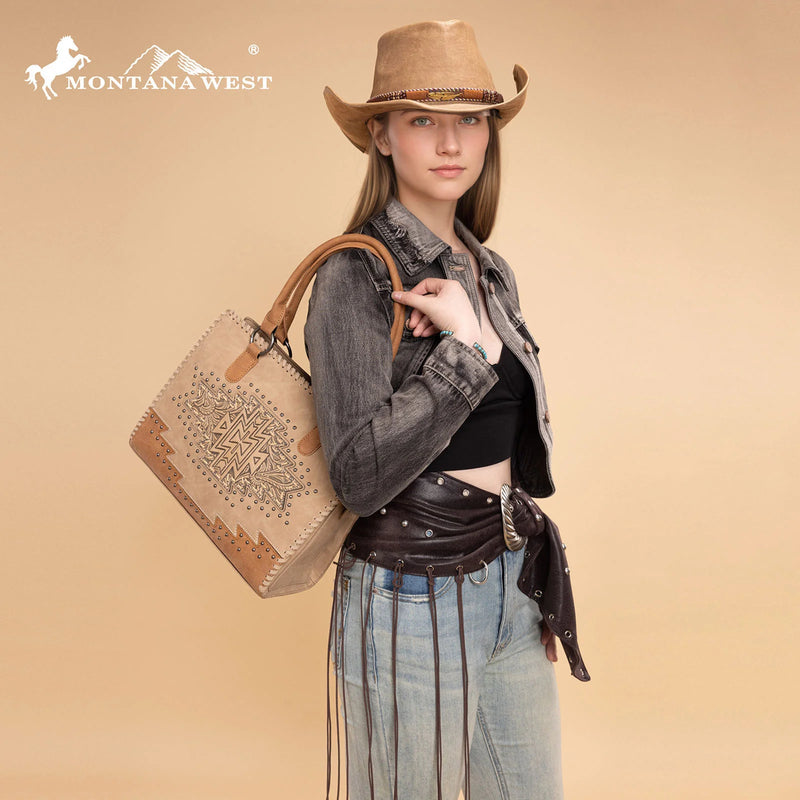 Load image into Gallery viewer, MW1354G-8355TN - Montana West Tooled Aztec Concealed Carry Tote/Crossbody - Tan
