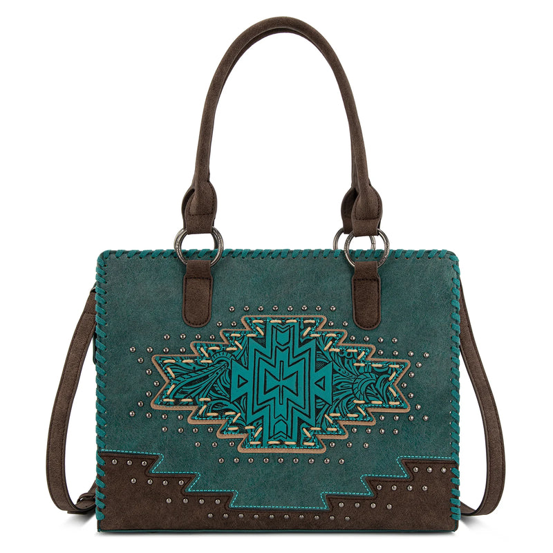 Load image into Gallery viewer, MW1354G-8355TQ - Montana West Tooled Aztec Concealed Carry Tote/Crossbody - Turquoise
